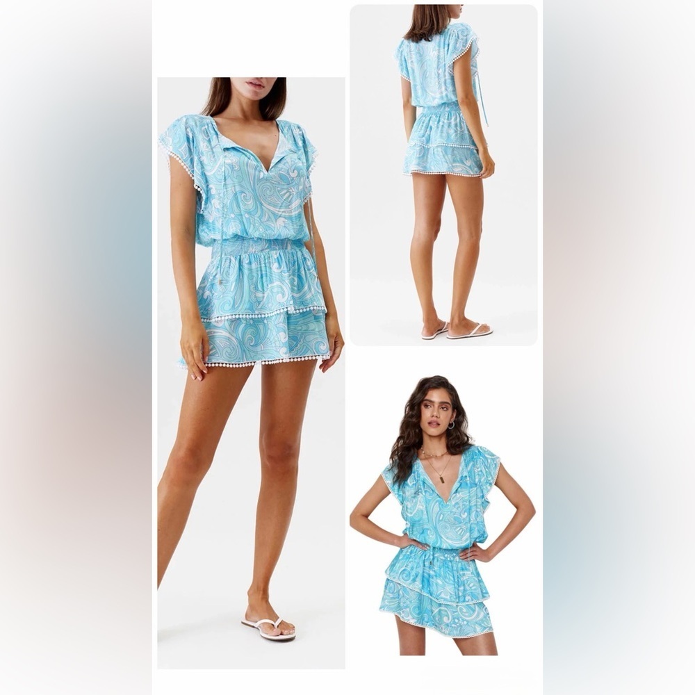 Melissa Odabash Keri Blue Mirage Paisley Pom Pom Smocked Waist Mini Dress SizeXS